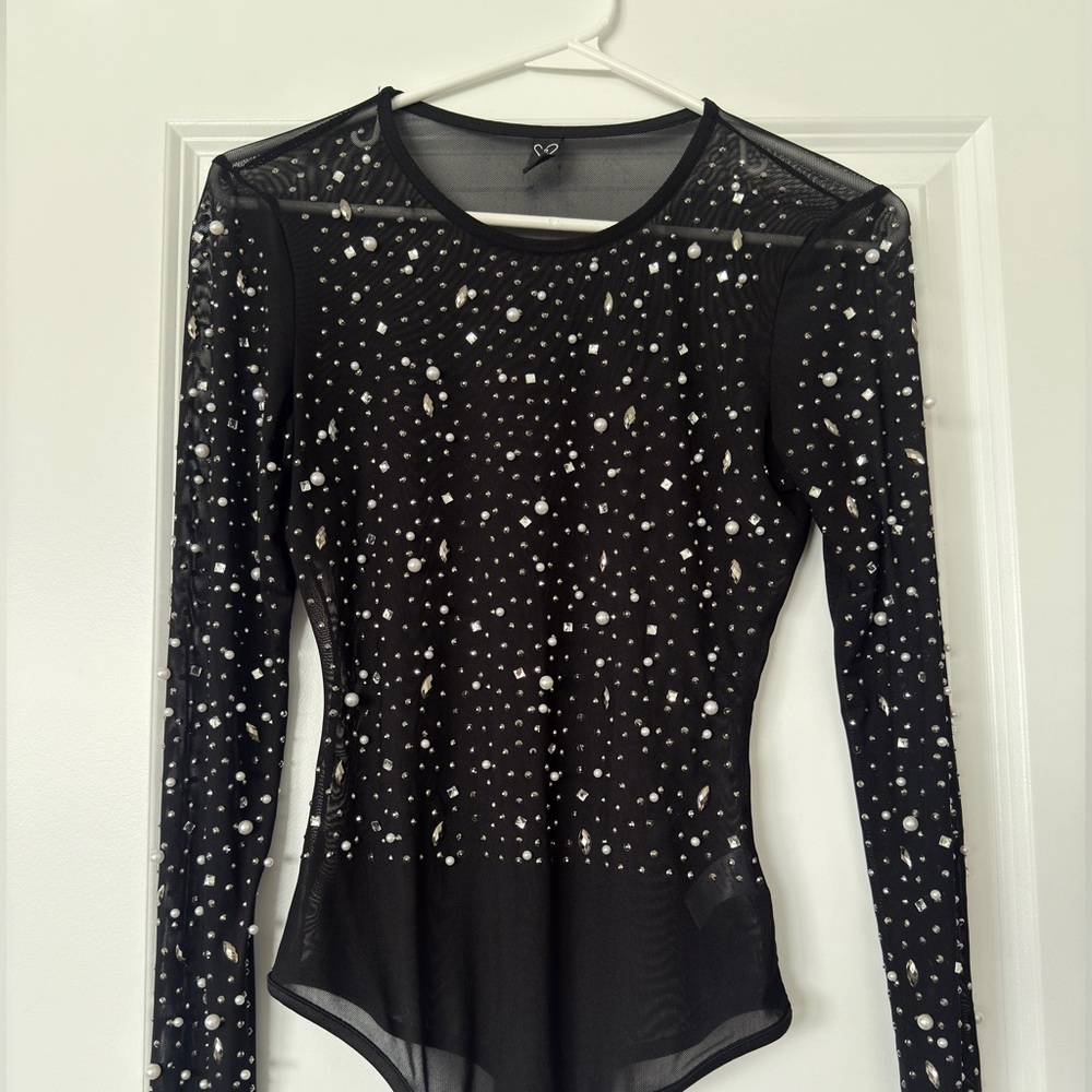 Black Sheer Long Sleeve Bodysuit with Star Pattern